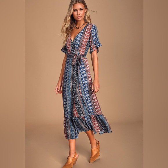 Enchanted Blue and Rust Red Print Ruffled Midi Dress | Lucy Love - Picture 10 of 10